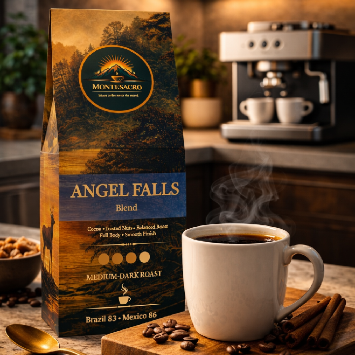 Montesacro Angel Falls Blend coffee package with a steaming cup of coffee on a wooden cutting board.