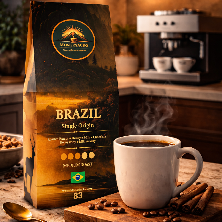 Montesacro Brazil single origin coffee bag with a steaming cup of coffee on a wooden table.