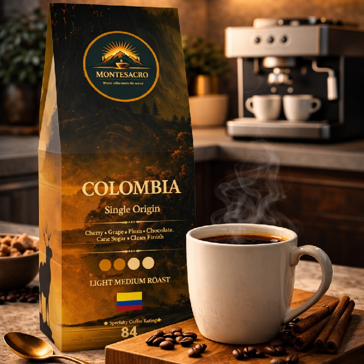 Montesacro Colombia single origin coffee bag with a steaming cup of coffee on a wooden table.