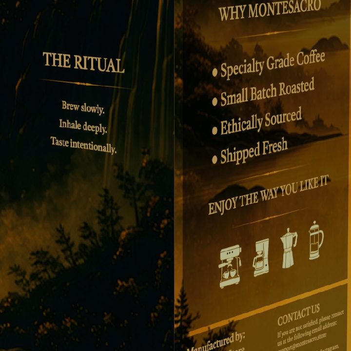 Montesacro coffee packaging with text and graphics on a dark background