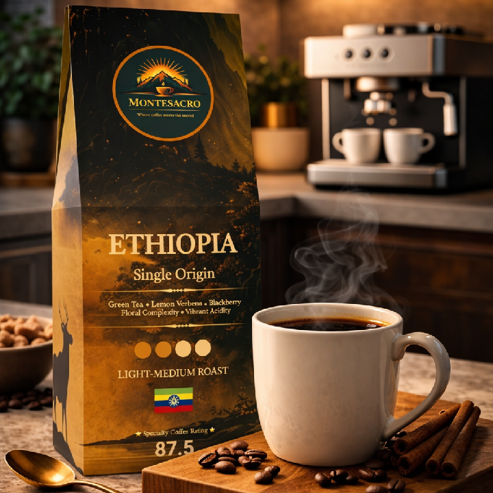 Montesacro Ethiopia single origin coffee bag with a steaming cup of coffee on a wooden board.
