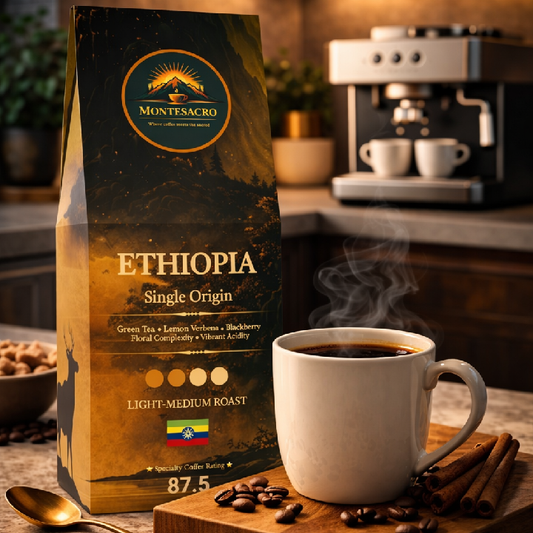 Montesacro Ethiopia single origin coffee bag with a steaming cup of coffee on a wooden board.