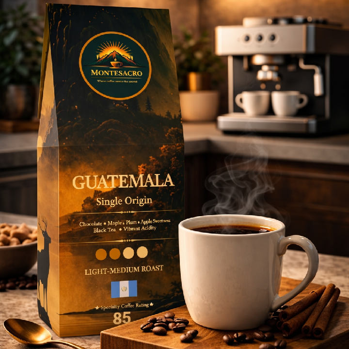 Montesacro Guatemala coffee package with a steaming cup of coffee on a wooden board.