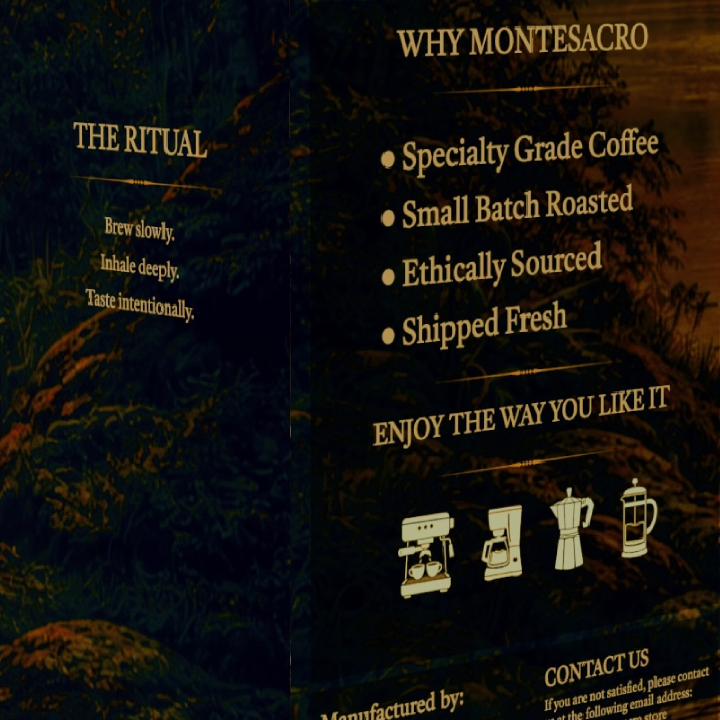 Montesacro coffee packaging with text about specialty grade coffee and product features.