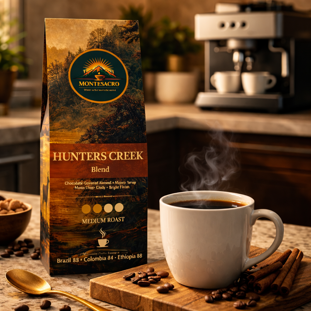 Montesacro Hunters Creek Blend coffee package with a steaming cup of coffee on a wooden table.