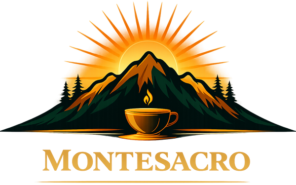 Logo of Montesacro with a mountain, sun, and cup of coffee design.