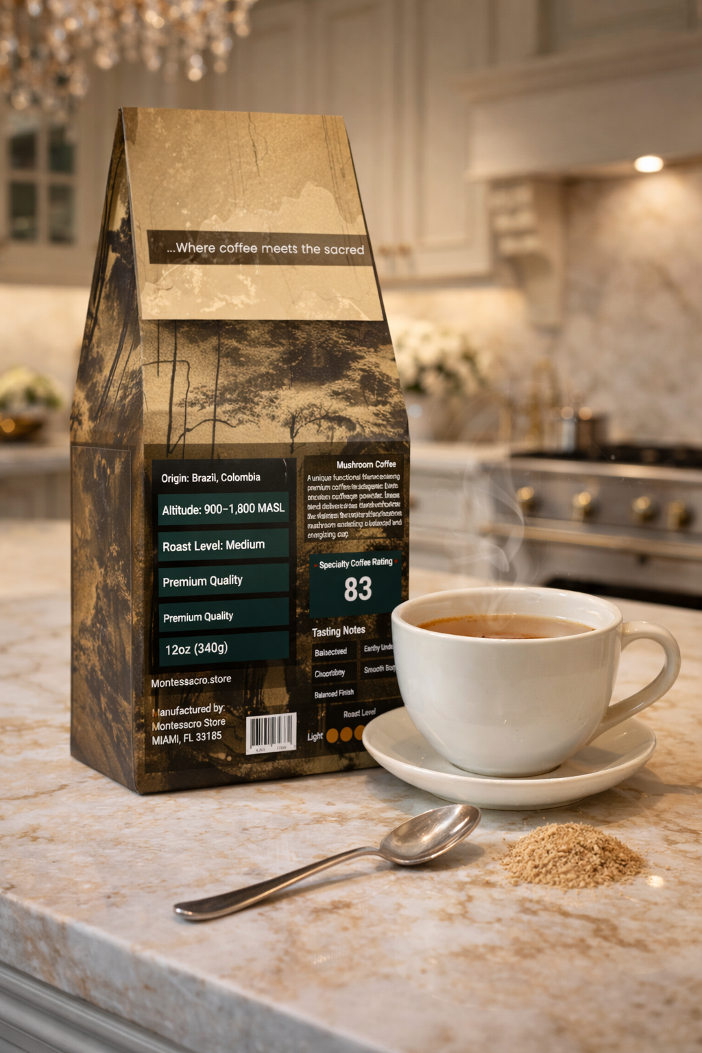 Coffee package and cup on a kitchen counter with a blurred background