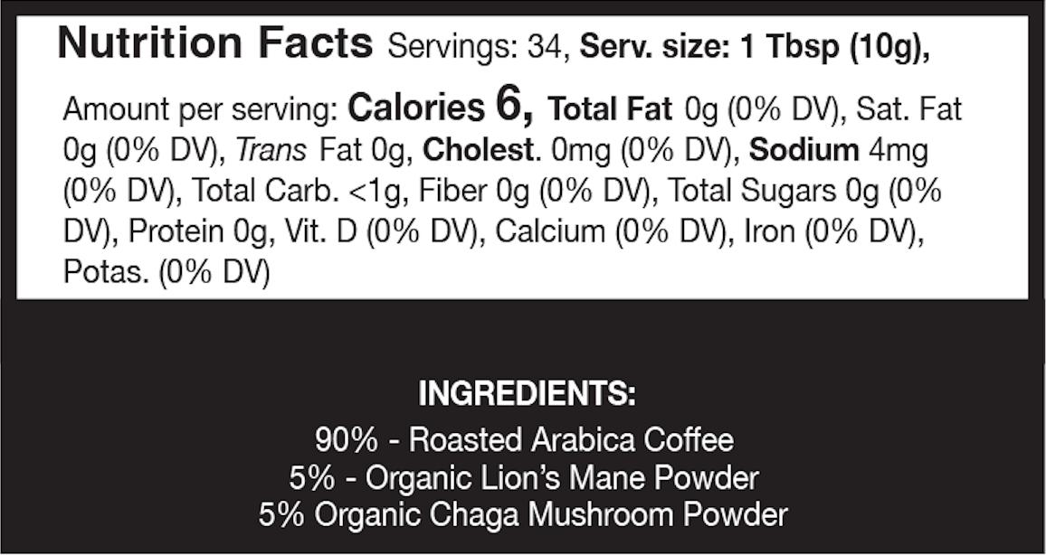 Nutrition facts label for a product with coffee and mushroom powder ingredients.