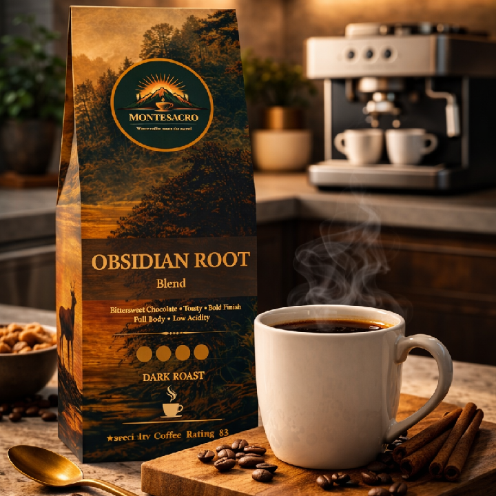 Montesacro Obsidian Root Blend coffee package with a steaming cup of coffee on a kitchen counter.