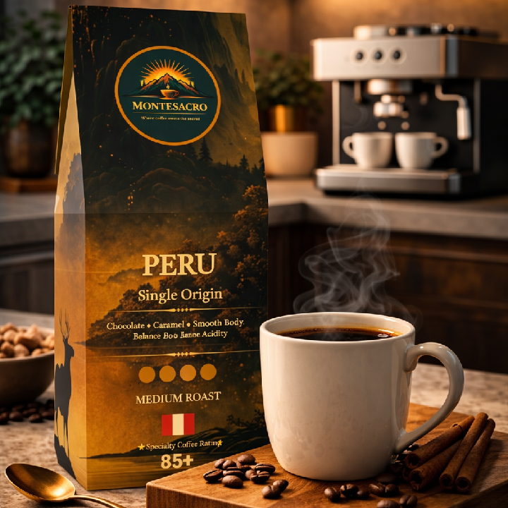 Montesacro Peru single origin coffee bag with a steaming cup of coffee on a wooden board.