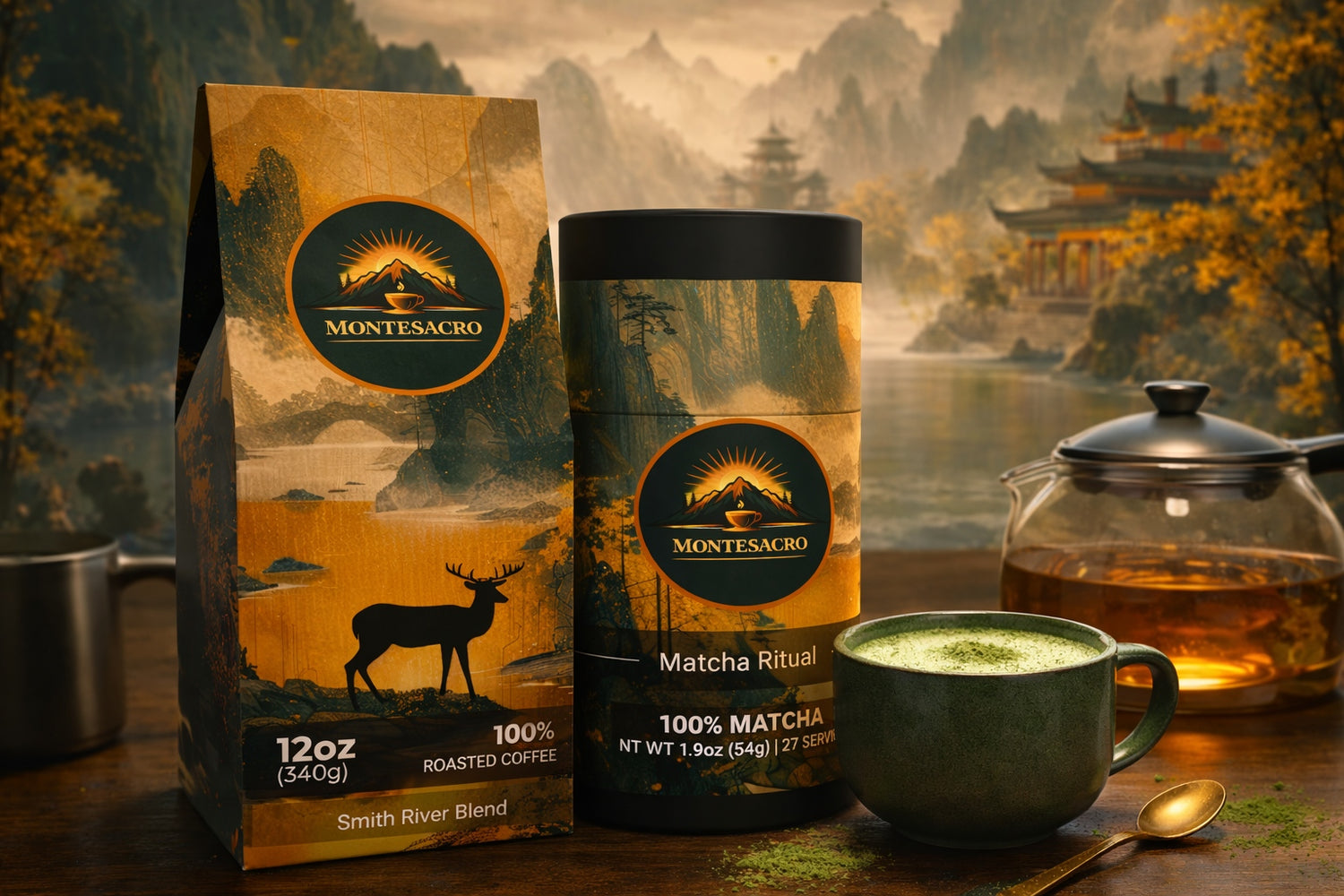 Montesacro coffee and matcha products with a scenic background
